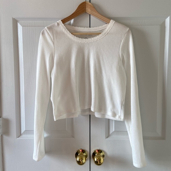 Ae Long Sleeve Lace Trim Waffle Cropped 